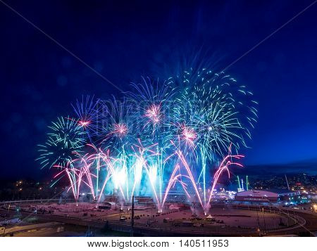 CALGARY, CANADA - JULY 8: Fireworks at the the Calgary Stampede at sunset on July 8, 2016 in Calgary, Alberta. The Calgary Stampede is often called the greatest outdoor show on Earth.