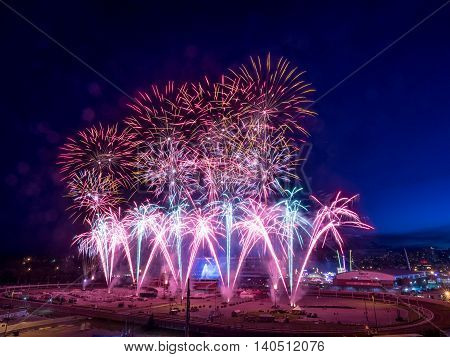 CALGARY, CANADA - JULY 8: Fireworks at the the Calgary Stampede at sunset on July 8, 2016 in Calgary, Alberta. The Calgary Stampede is often called the greatest outdoor show on Earth.