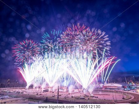 CALGARY, CANADA - JULY 8: Fireworks at the the Calgary Stampede at sunset on July 8, 2016 in Calgary, Alberta. The Calgary Stampede is often called the greatest outdoor show on Earth.