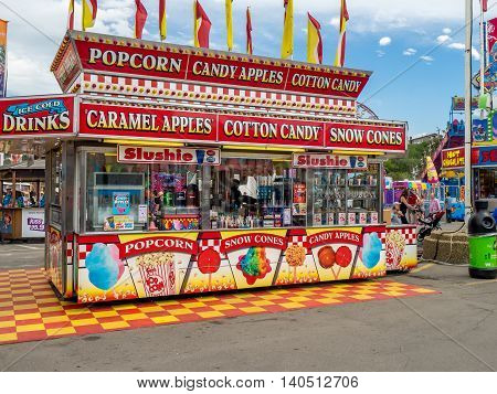 CALGARY, CANADA - JULY 9: Confection booth at the the Calgary Stampede midway on July 9, 2016 in Calgary, Alberta. The Calgary Stampede is often called the greatest outdoor show on Earth.