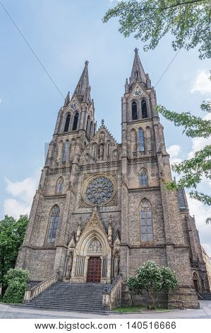 Church of Saint Ludmila main fasade in Prague, Czech Republic.