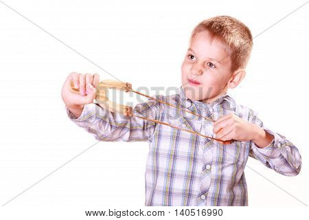 Young Boy Use Sling Shot Shoot Mandarine.