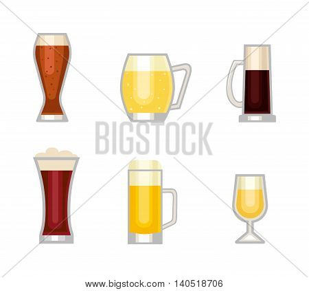 Beer bottle, glass and different types of beer label. Alcohol drinks cups vector icons isolated. Oktoberfest beer light and dark drink vector cups mugs