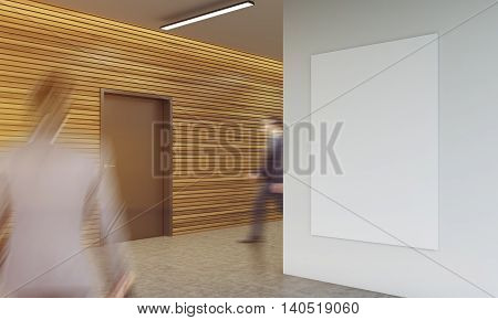 Two men in suits walking in corridor of modern building against wooden wall background. Hanging vertical poster. Concept of business process. 3d rendering. Mock up