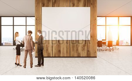Group of colleagues in suits standing in New York office in front of wooden wall with large banner discussing business issues. Concept of teamwork and brainstorming. 3d rendering. Mock up. Toned image