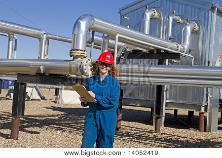 Kadın gaz alan operatör kompresör Site inceler