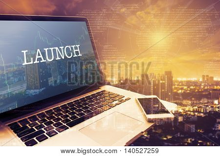 LAUNCH : Grey screen laptop computer. Vintage effects. Digital Business and Technology Concept.