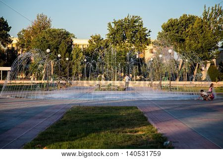 Beautiful fountain in Park, Ancient Bukhara city in Uzbekistan