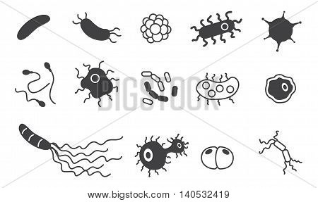 Bacteria, superbug, virus icons vector set , black and white bacteria