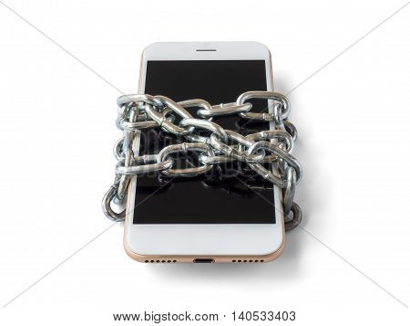 Modern mobile phone with chain locked isolate on white background with clipping path. Concept of social network issues forgot password information security robbery or piracy