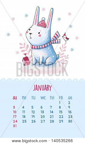 January. Hand drawing illustration with cartoon rabbit in the hat and scarf. Can be used like happy birthday cards.