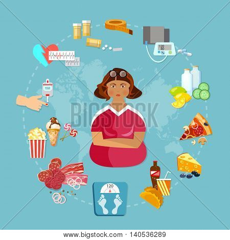 Obesity problem infographics fat people bad food unhealthy eating diabetes causes vector illustration