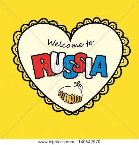 Welcome to Russian. Heart on yellow background. Vector.