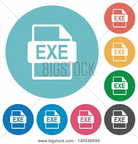 Flat EXE file format icon set on round color background.