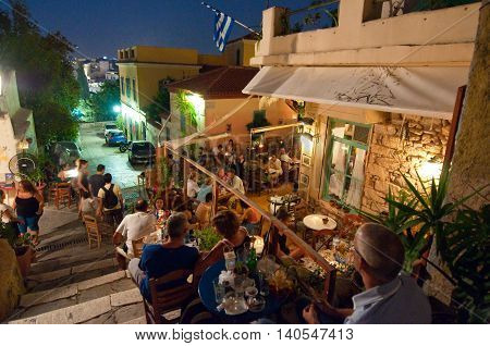 ATHENS-AUGUST 22: Street with various restaurants and bars on Plaka area on August 22 2014 in Athens