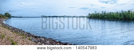 Panorama of Lake Udomlya. On the horizon the towers of the KNPP. Russia.