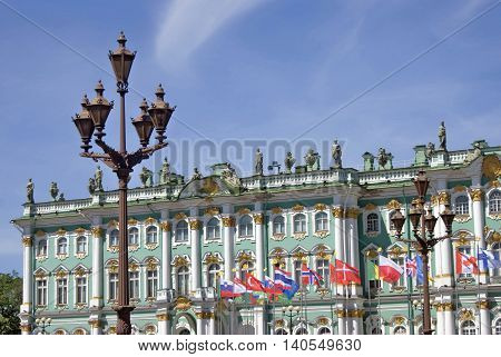 Hermitage museum in historical city center of Saint-Petersburg Russia in summer. Popular touristic landmark. UNESCO World Heritage Site