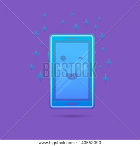 The smartphone icon with a smile and a flush on the screen which is cheerfully winking. A vectorial illustration in plane style.