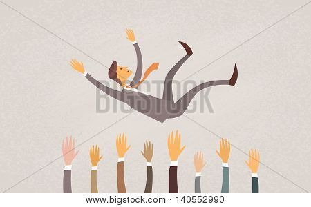 Business People Throw Businessman In Air Success Concept Flat Vector Illustration