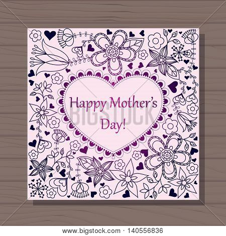 Vector happy mothers dat card with heart on wooden background