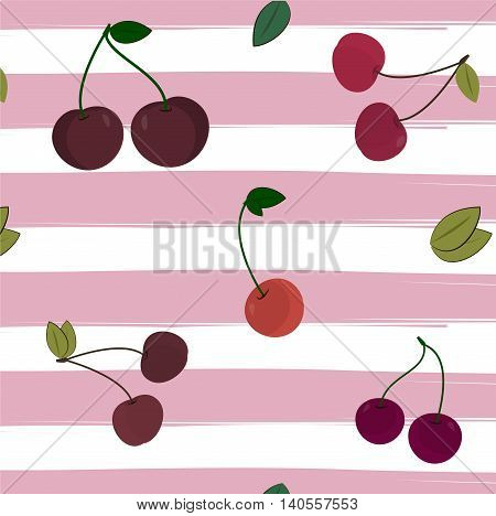 Print cherry pattern on striped background. Vector illustration. Berry textile summer color cover red pink