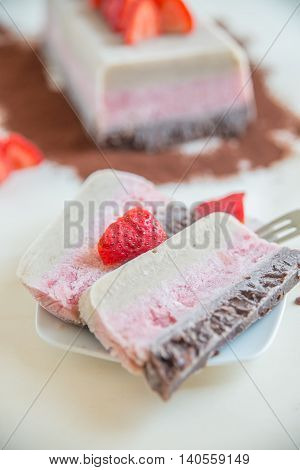 Neapolitan Ice Cream Cake with fresh strawberries