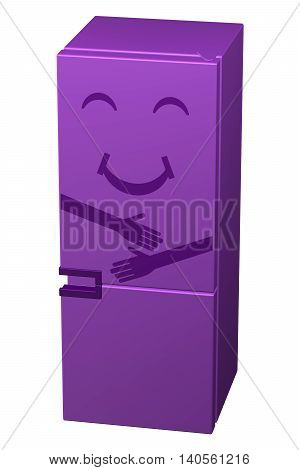 Purple smiling refrigerator isolated on white background. 3D rendering.