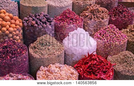 Colorful spices on the traditional arabian souk (market) in Dubai