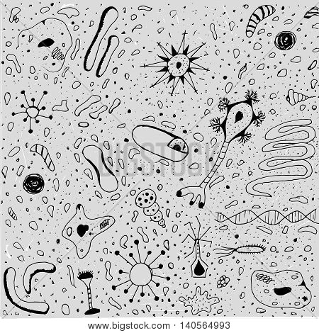 Biological background vector illustration. Micro world editable concept. Hand drawn outlined white doodles on a gray textured paper. Scentific bio pattern.