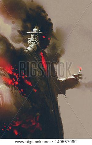 Mysterious man with hat holding a cigarette, illustration, digital painting