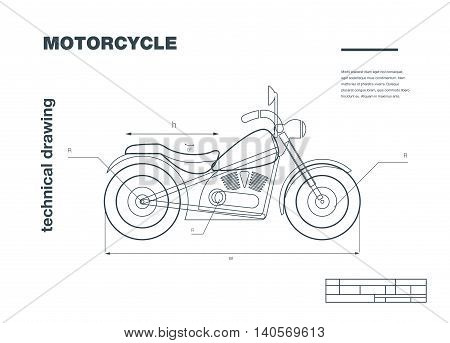 Technical wireframe Illustration with motorbike drawing on the white background.