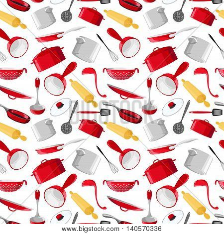 Seamless pattern with utensils in a cartoon style. Bright kitchen utensils. Set of red cookware isolated on white background. Vector illustration. EPS 10