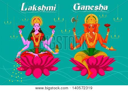 Indian Goddess Lakshmi and Ganesha on Lotus. Vector illustration