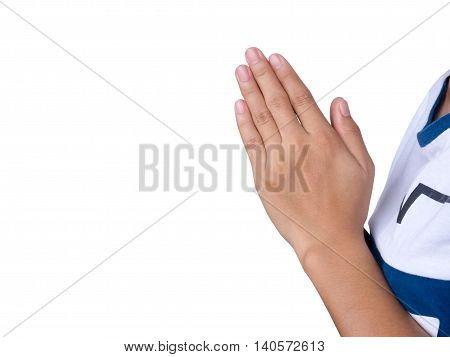 put the palms of the hands together in salute, isolated on white background.