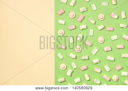 Sweet marshmallows minimalism set on pastel colorful background