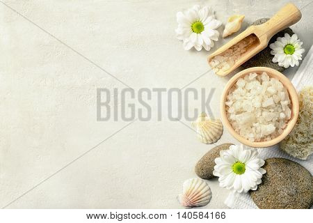 Spa setting with sea salt top view