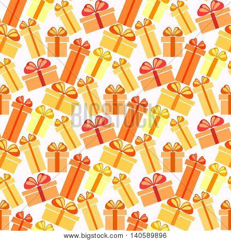 Gift boxes seamless pattern. Pattern for fabric print, wrapping or packaging paper design. Red, orange, yellow colorful boxes with ribbon and bow on light background. Vector illustration stock vector.