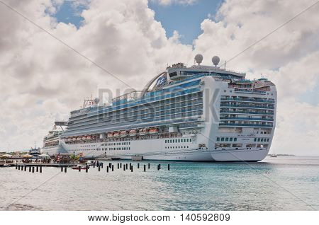 Kralendijk Bonaire - December 2 2011: International Cruise Ship Emerald Princess anchored at Kralendijk the capital and largest city of the island Bonaire Netherlands Antilles.