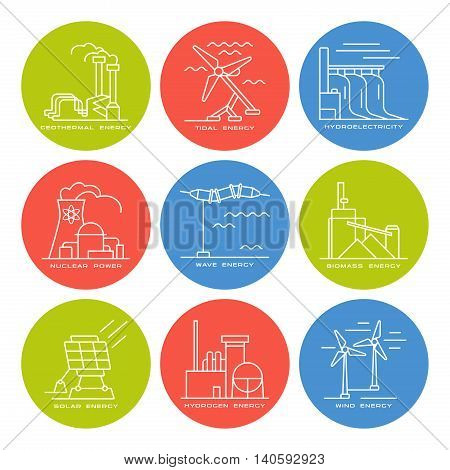 Stock vector set of web icons on electricity generation plants and sources. Illustration in thin line style
