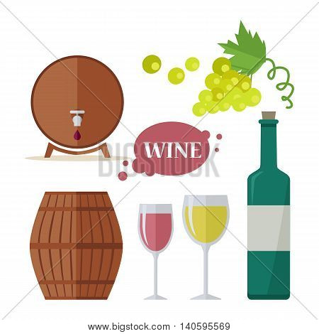 Wine consumption icon set. Collection of glasses, grapes, bottle, barrels. Check elite vintage strong red and white vine. Part of series of viniculture production and preparation items. Vector