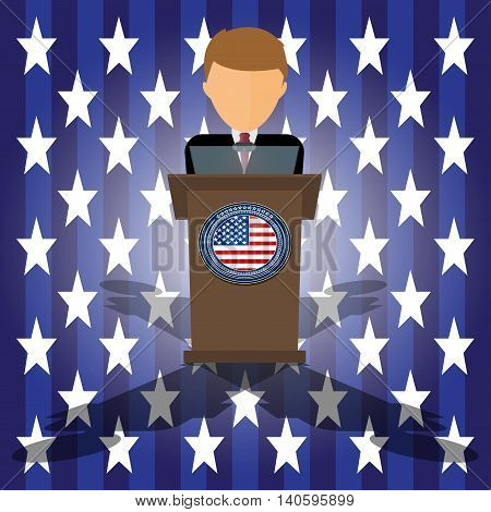 Vector Cartoon Illustration of election race in usa. Presidential candidate speaks to people from tribune. Flat tribune Icon web