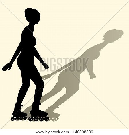 Vector Illustration Of A Silhouette Of A Girl Riding On Roller Skates Casts A Shadow