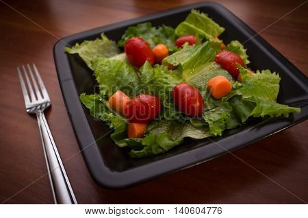 Fresh organic garden salad with Italian dressing on square black plate