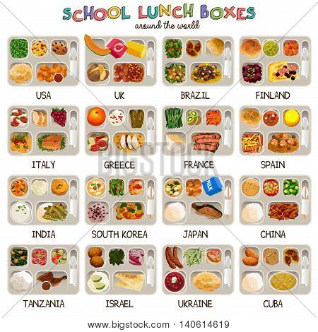 A vector illustration of school lunch boxes around the world