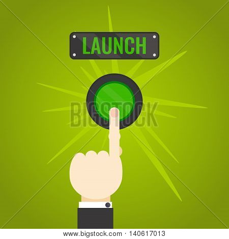 Businessman pressing launch button on green background. Social media button. Start up business concept. Vector illustration.