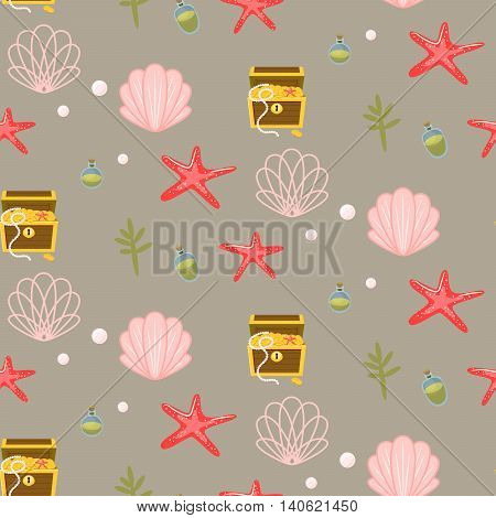 Underwater world cartoon seamless vector pattern. Pink shells, pearls, treasure chest and red starfish on beige background. Underwater cartoon life.