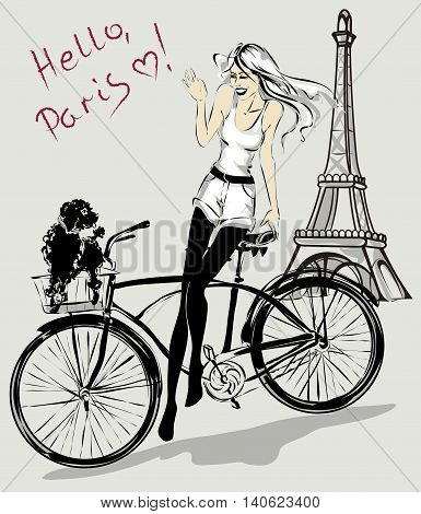 Retro fashion girl with dog in a bicycle basket near Eiffel Tower Paris vector illustration