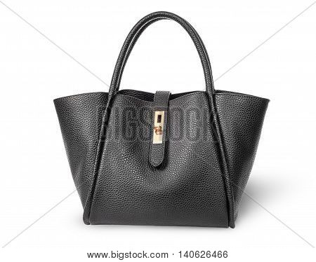 Black elegant leather ladies handbag isolated on white background