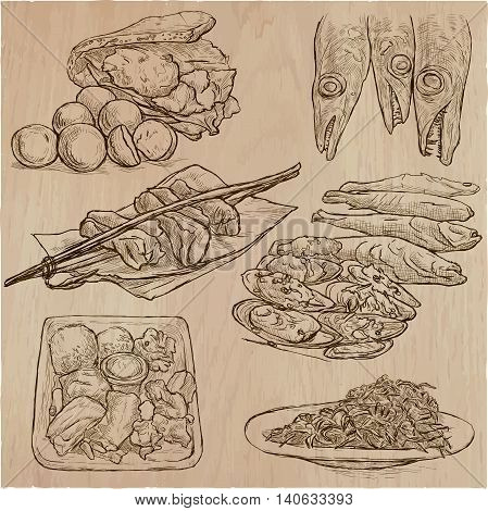 Food around the World. International Cuisine. Restaurant menu. Collection of hand drawn vector illustrations.Each drawing comprise a few layers of editable outlines. Foods are named inside the vector.