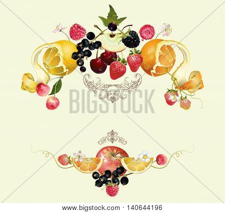 Vector vintage royal fruit and berry composition.Design for vegeterian menu, tea, ice cream, juice, jam, natural cosmetics, candy and bakery with fruit filling, health care products. With place or text